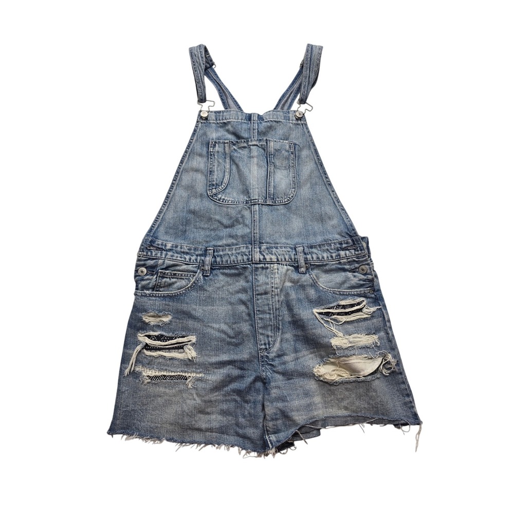 American Eagle Distressed Denim Shortalls Light Wash Raw Hem Womens Large Y2K